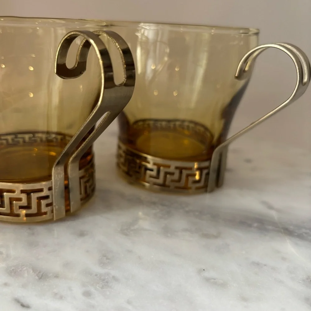 2 Vintage MCM Libbey Amber Glass Continental Cup w Gold Metal Greek Key Handles - Picture 12 of 12